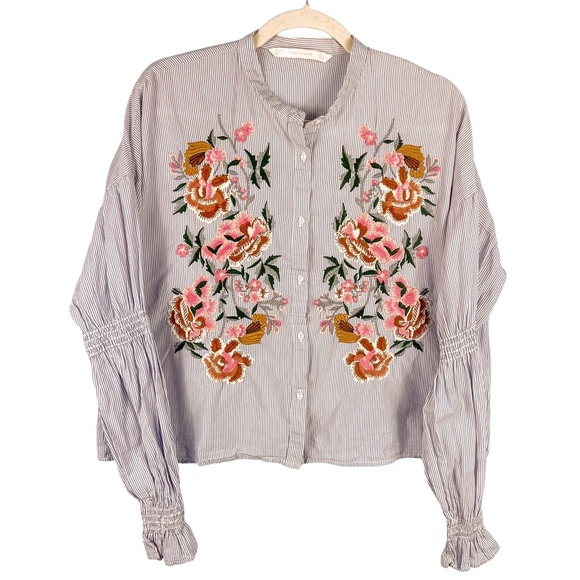 Zara Floral Embroidered Striped Button Down Cropped Shirt Size Large Casual - Picture 2 of 10
